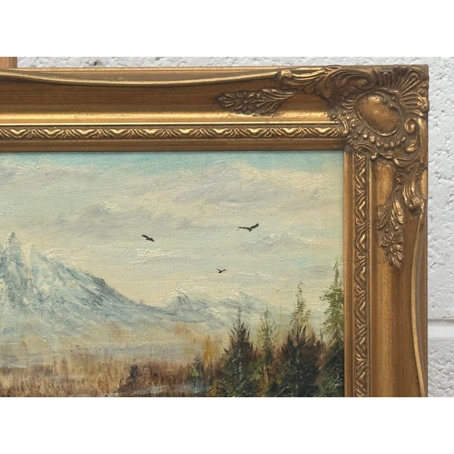 Mountain Lake Forest Landscape Scene - Vintage 20th Century Oil Painting 1970 For Sale - Image 15 of 17