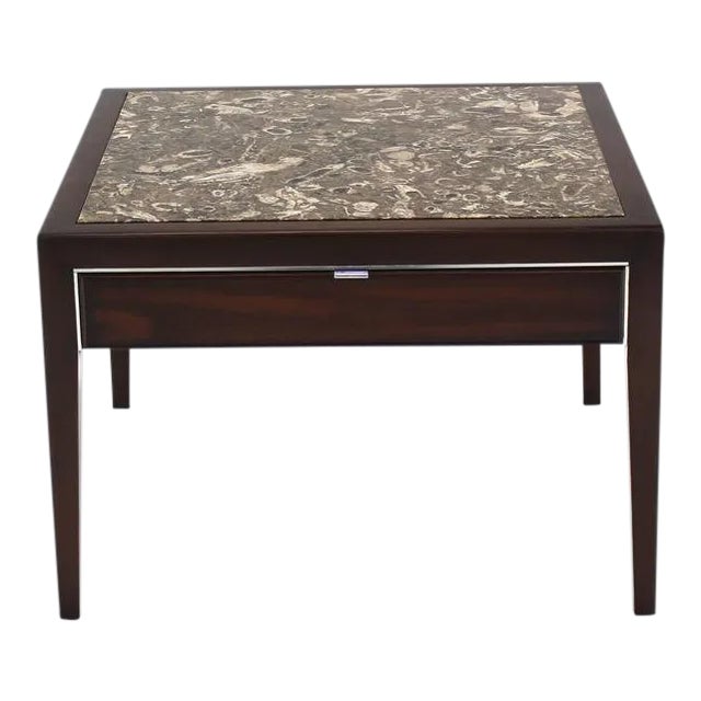Vintage Mid Century Square Marble Top Walnut One Drawer Side Table