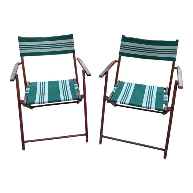 Mid 20th Century Folding Patio Chairs Pair – Stained Wood With Green & White Canvas, A Pair For Sale