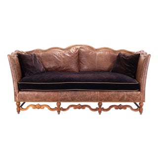 Country English Style Distressed Leather and Walnut Sofa For Sale