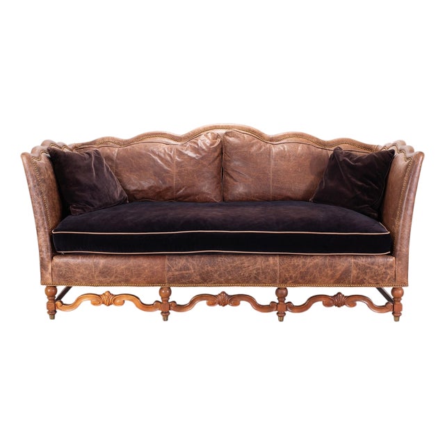 Country English Style Distressed Leather and Walnut Sofa For Sale
