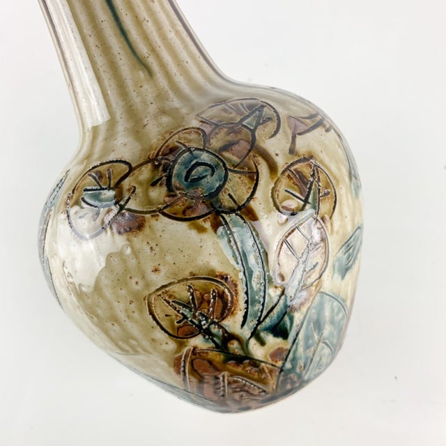 Vintage Mid Century Modern Japan Otagiri Vase Tall Carved Stoneware Fluted Neck For Sale In Baltimore - Image 6 of 11