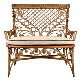 Antique American Victorian Wicker and Caned Settee or Courting Bench For Sale