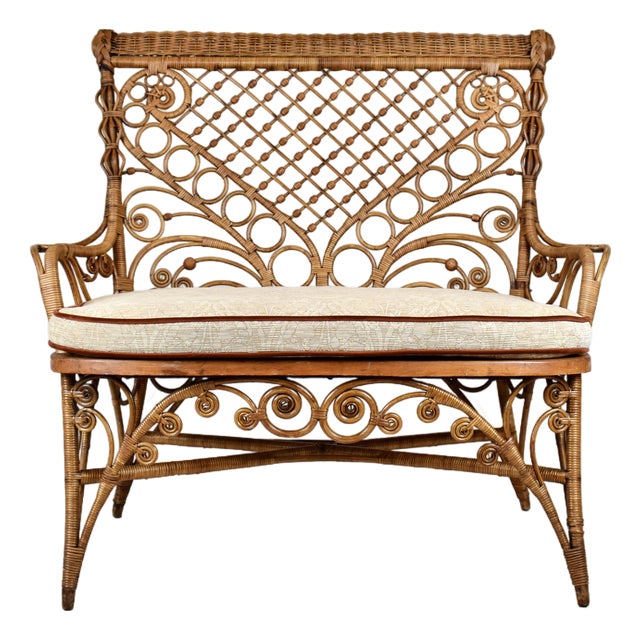 Antique American Victorian Wicker and Caned Settee or Courting Bench For Sale