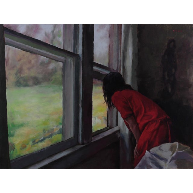 In "Spring Morning," a figure in a vivid red dress leans intently against a window, gazing out at a lush, green landscape...
