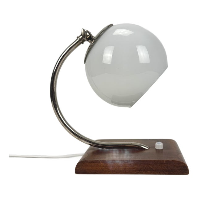 Art Deco Wood and White Glass Table Lamp, 1940s For Sale