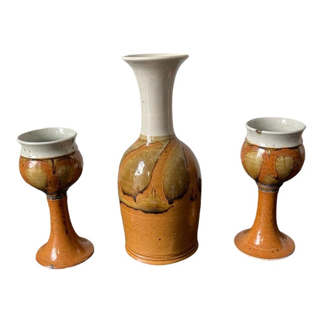 Mid Century Ceramic Artisan Carafe Decanter and Goblet Set Singed- 3 Pieces For Sale