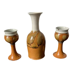 Mid Century Ceramic Artisan Carafe Decanter and Goblet Set Singed- 3 Pieces