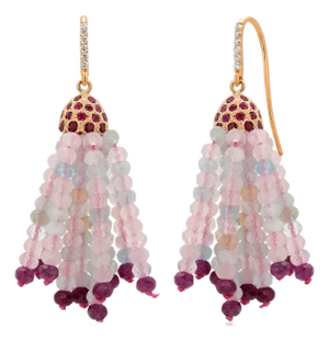 14k Yellow Gold Diamond Shepherd Hoop Drop Earrings With Ruby, Morganite & Ruby, A Pair