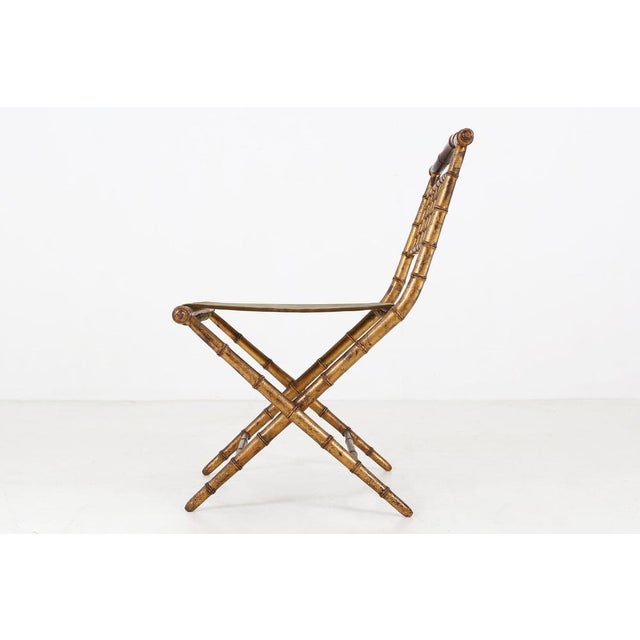 French Faux‑Bamboo Folding Chair in Gilded Wood and Green Fabric, 1850 For Sale - Image 5 of 11