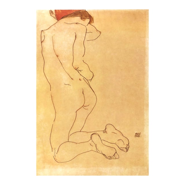 Artist: Egon Schiele Country: Austria Title: kneeling Nude with red ribbon Medium: Offset – 16 Paper: Heavy paper 16 x 12...