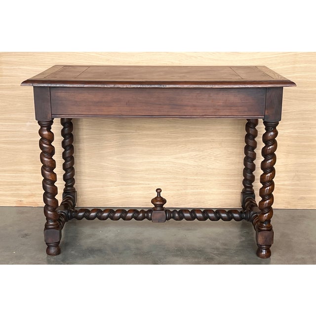 Antique French Walnut Desk with Drawer and Leather Top, 1890 For Sale - Image 9 of 15