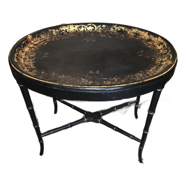 Black and Gold Papier Mache Tray Table For Sale