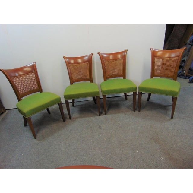 Set of 4 Louis XVI Style Caned Back Side Sining Chairs, solid cherry , green upholstered seats.