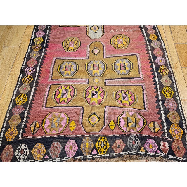 Vintage Anatolian Turkish Kilim Gallery Rug, Flat-Woven Geometric Pattern, Pink & Yellow, 5x13 For Sale - Image 10 of 14