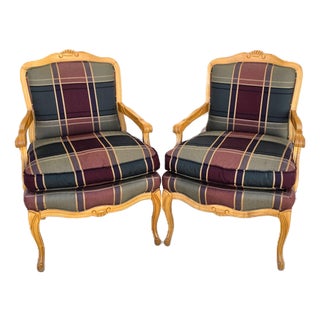 Vintage Louis XV French Provincial Armchairs Plaid Tartan Fauteuil Cabriole Legs For Sale