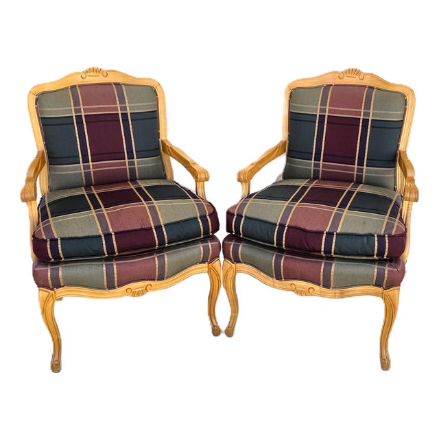 Vintage Louis XV French Provincial Armchairs Plaid Tartan Fauteuil Cabriole Legs For Sale