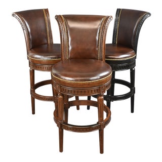 1990s Frontgate Birch Frames Leather Upholstery Swivel Bar Stools - Set of 3 For Sale