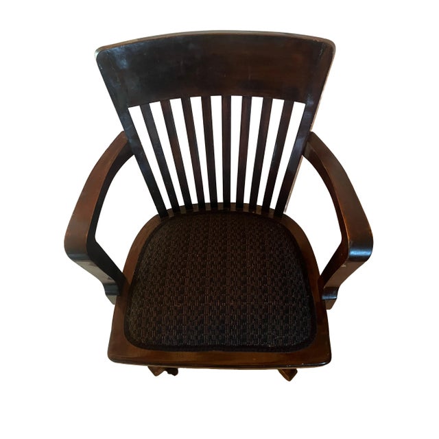 American Early 20th Century Antique Swivel and Rock Upholstered Bankers Chair For Sale - Image 3 of 9