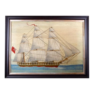 British Sailor’s Woolwork Woolie of a Royal Navy Ship Flying the Red Ensign Circa 1860 For Sale