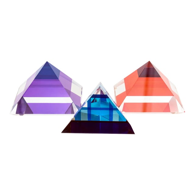 Pyramid Lucite Sculptures Set of 3 Orange, Sapphire Blue, Purple, Red 90's For Sale
