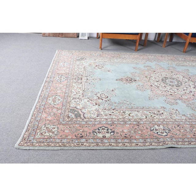 Versatile Vintage Hand-Knotted Light Blue Turkish Medallion Wool Rug - 6.9 X 10 Ft For Sale - Image 4 of 10