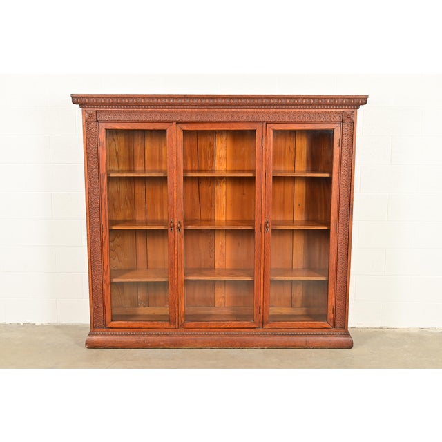 R. J. Horner Style Antique Victorian Carved Oak Triple Bookcase Cabinet, Circa 1880s For Sale - Image 13 of 13