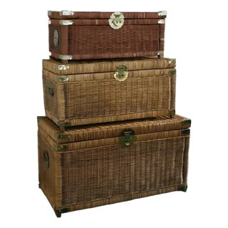 Vintage Wicker and Rattan Storage Chest Set of Three For Sale