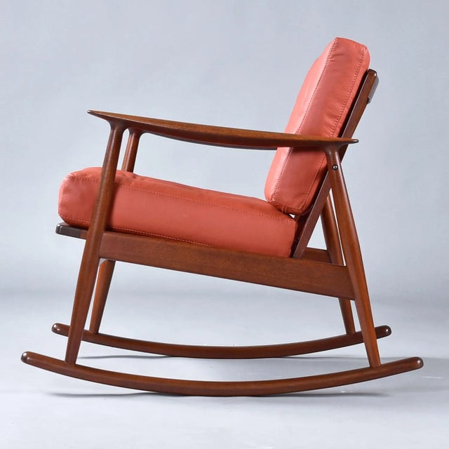 MM Moreddi Restored 1950's Danish Teak Rocking Chair in Terra Cotta Leather by Moreddi For Sale - Image 4 of 11