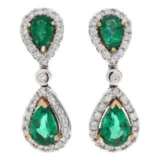 1.3ctw Emerald and Diamond Pear Dangle Earrings, 14k White Gold, Length .75 In, A Pair For Sale