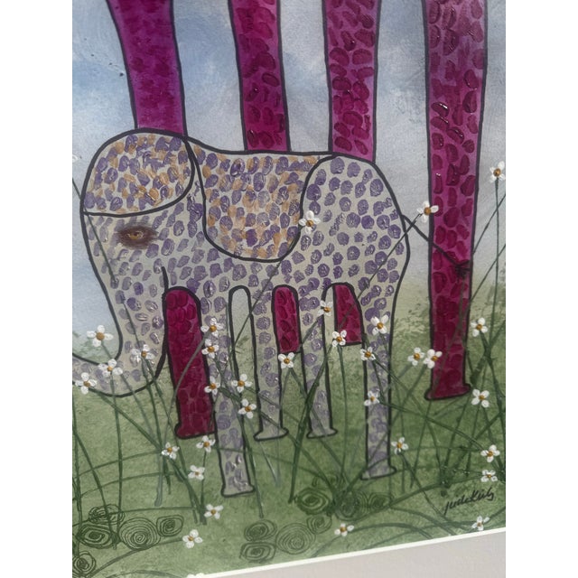Abstract Jude Kirby Original Whimsical Style Mama and Baby Elephant. For Sale - Image 3 of 4