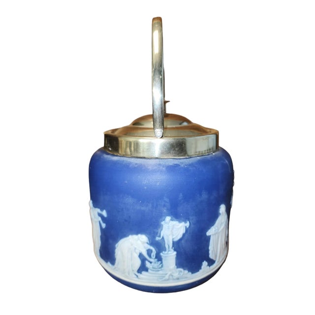Circa 1927 Jasperware biscuit barrel made by W. (William) Adams & Co., Tunstall potteries, England. Vibrant blue and...