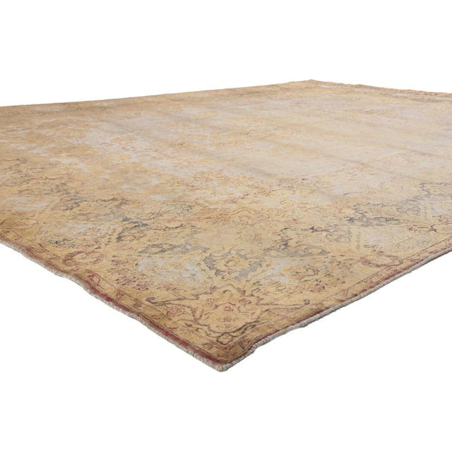 60766 Romantic French Industrial Vintage Turkish Rug, 09'07 x 13'04. French Industrial meets Belgian Chic in this hand...