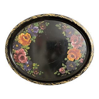Large Antique Oval Hand Painted Tole Tray For Sale