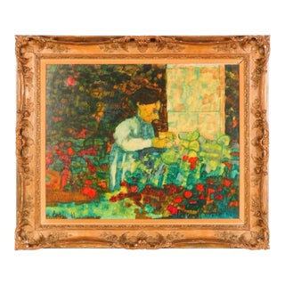 1961 American Donal Purdy Modernist Composition of a Female Figure in a Vibrant Garden Setting Frame Oil Art on Masonite. For Sale