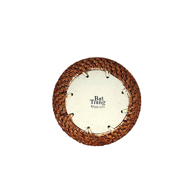 Asian Modern Bat Trang Vietnam Rattan & Ceramic Coasters With Hand Painted Yellow Floral Motif - Set of 4 For Sale - Image 4 of 7