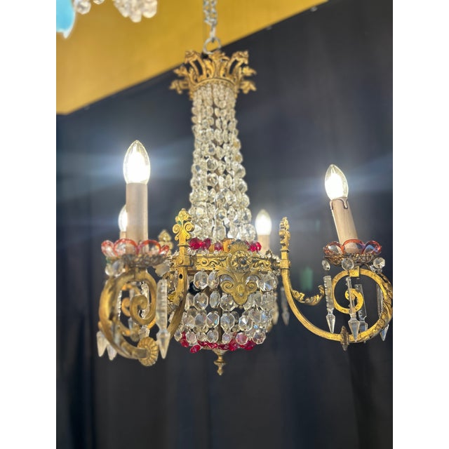 Gilt Bronze and Crystal 4-Light Chandelier with Enameled Glass Decoration, Early 20th Century For Sale - Image 9 of 12