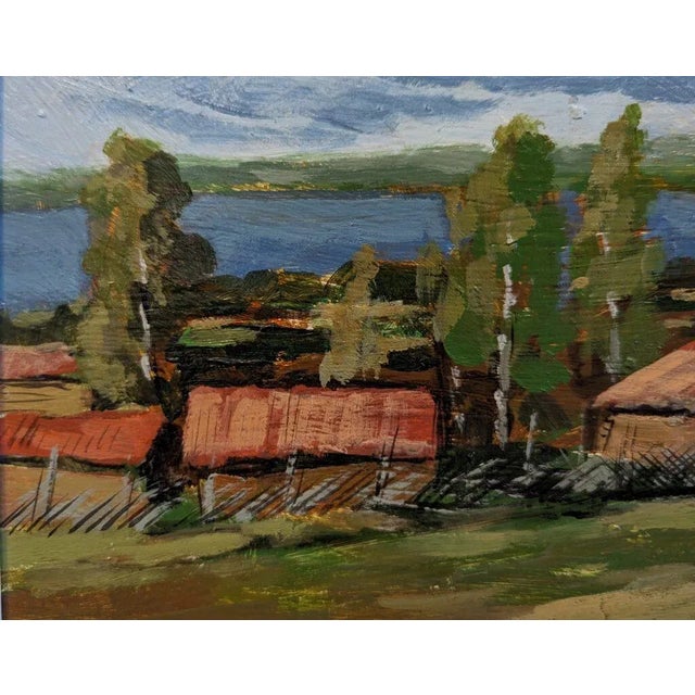Mid-Century Modern Swedish "Red Houses in Nature" Vintage Expressive Landscape Oil Painting, Framed For Sale - Image 10 of 12