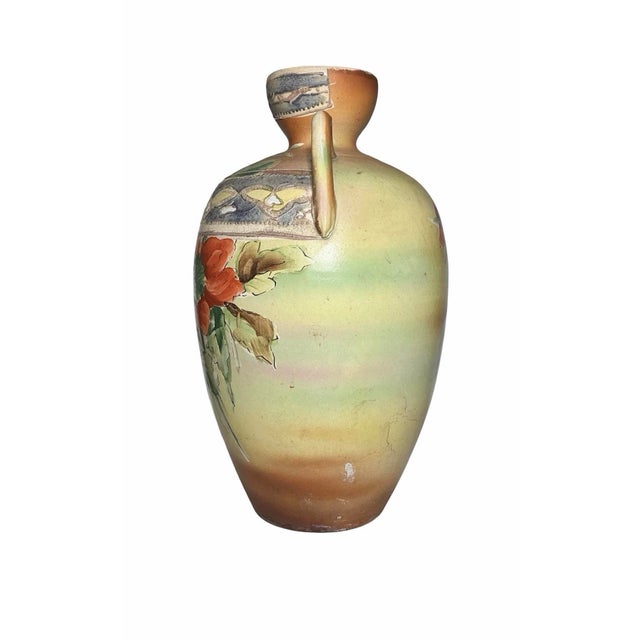 Antique Japanese Large Floral Double-Handled Art Pottery Vase Nippon Style For Sale - Image 4 of 7