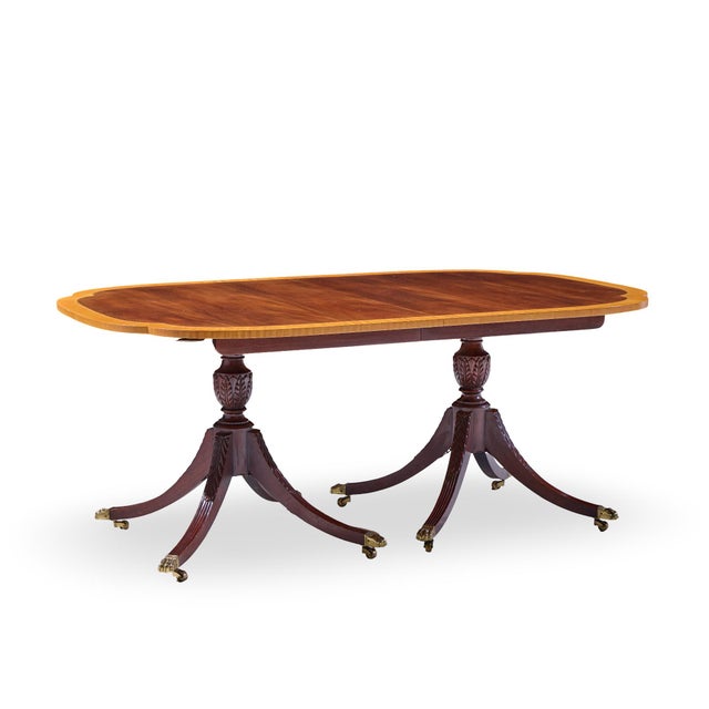 Councill Furniture Councill Craftsmen Mahogany Inlaid Double Pedestal Expanding Dining Table With 3 Leaves For Sale - Image 4 of 15