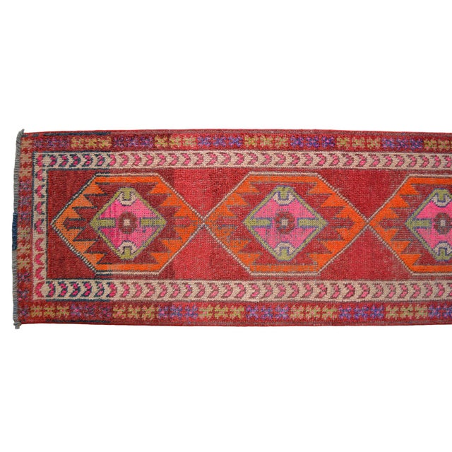 1960s Turkish Runner Rug. Hand-Knotted Tribal Red, Pink Color Hallway Rug, Kitchen Decor - 2′10" × 12′1" For Sale - Image 11 of 16