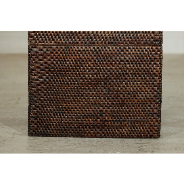 Wood Vintage Square Dark Brown Rattan Basket with Removable Lid and Patterns For Sale - Image 7 of 18