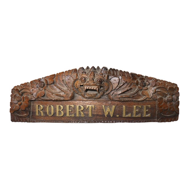 Antique Hand Carved Wood Figural Indonesian Sculpture Desk Name Plate Robert Lee For Sale