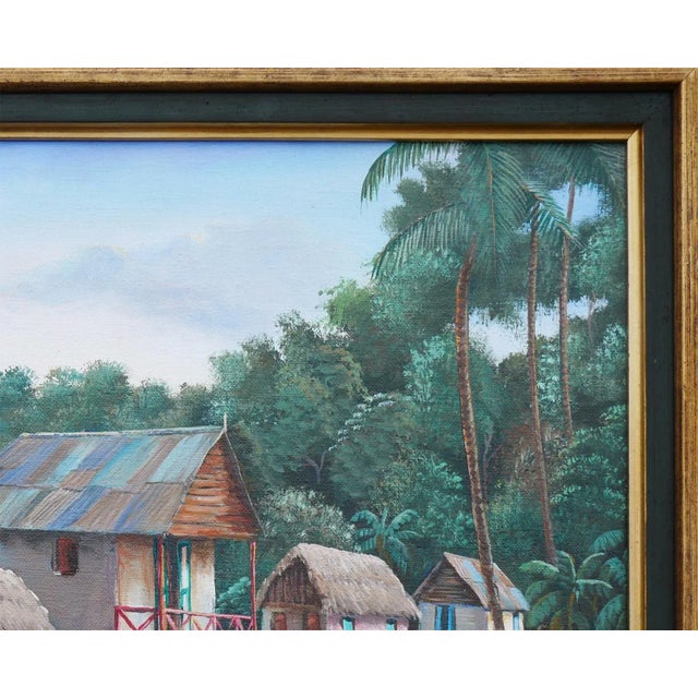 Late 20th Century Late 20th Century Late 20th Century Modern Realist Green and Blue-Toned Rural Village Market Landscape Painting byJean-Felix Defournoy For Sale - Image 5 of 12