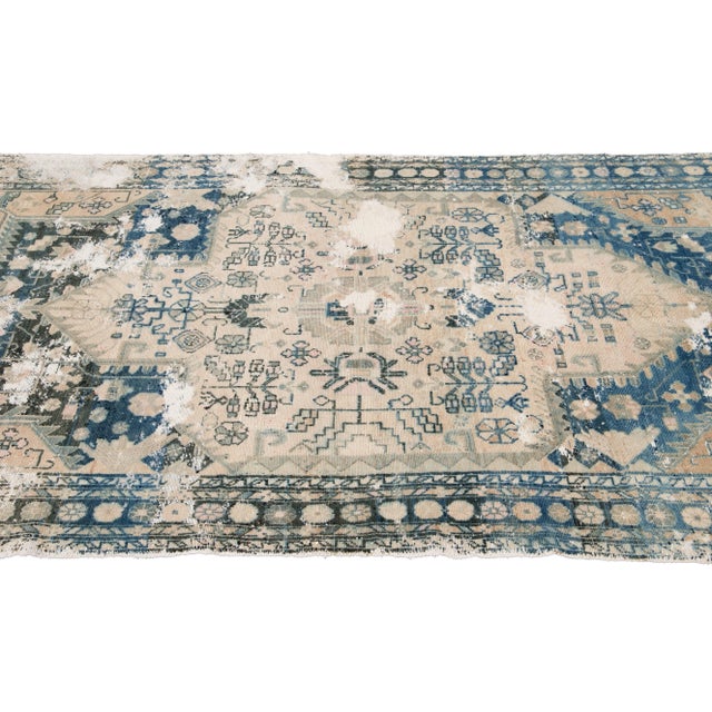 Blue Early 20th Century Antique Shabby Chic Persian Heriz Ivory and Blue Handmade Medallion Wool Rug For Sale - Image 8 of 9