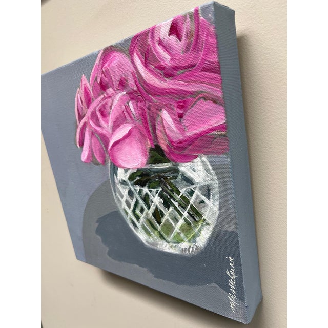 Title: "The Quints" Five roses, rendered in cool green, grace a cut crystal vase. Original (New) - Acrylic on canvas My...