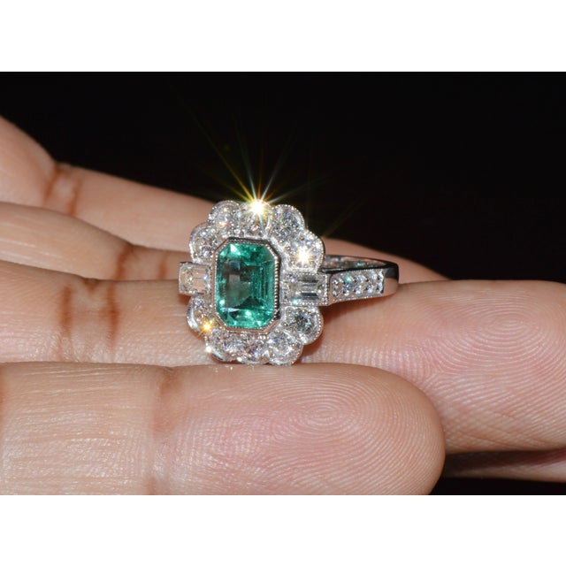 Metal Gia Certified 2.53ct Natural Zambian Emerald & Diamond Halo Milgrain 18k White Gold Ring, Size 5 For Sale - Image 7 of 16
