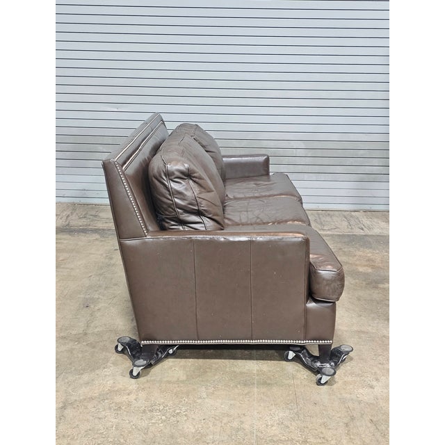 Traditional Hancock & Moore Brown Leather Sofa Nailhead Trim Three Cushions For Sale - Image 3 of 14
