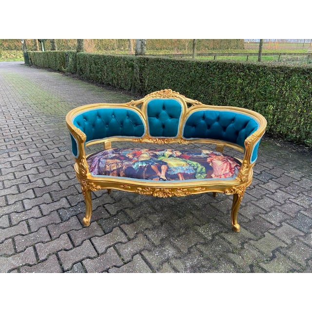 1980 French Louis XVI Blue Velvet Gilt Beech Settee For Sale - Image 4 of 15