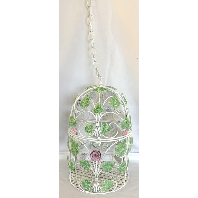 Vintage Italian Painted Tole Birdcage With Foliage and Rosette Decorations For Sale - Image 4 of 12